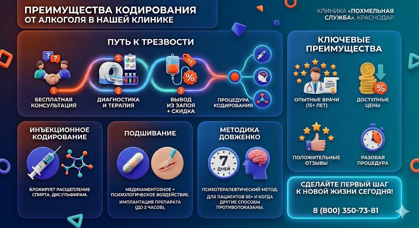 Инфографика о методах кодирования от алкоголя в Дивноморском: инъекции, подшивание, метод Довженко. Преимущества клиники и этапы лечения.