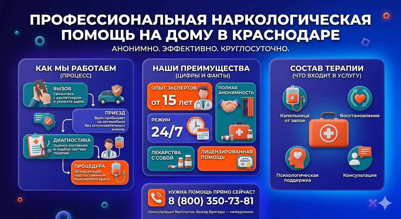 Инфографика о принципах лечения алкоголизма на дому в Дивноморском: этапы вызова нарколога, преимущества анонимной детоксикации и состав медицинской помощи.